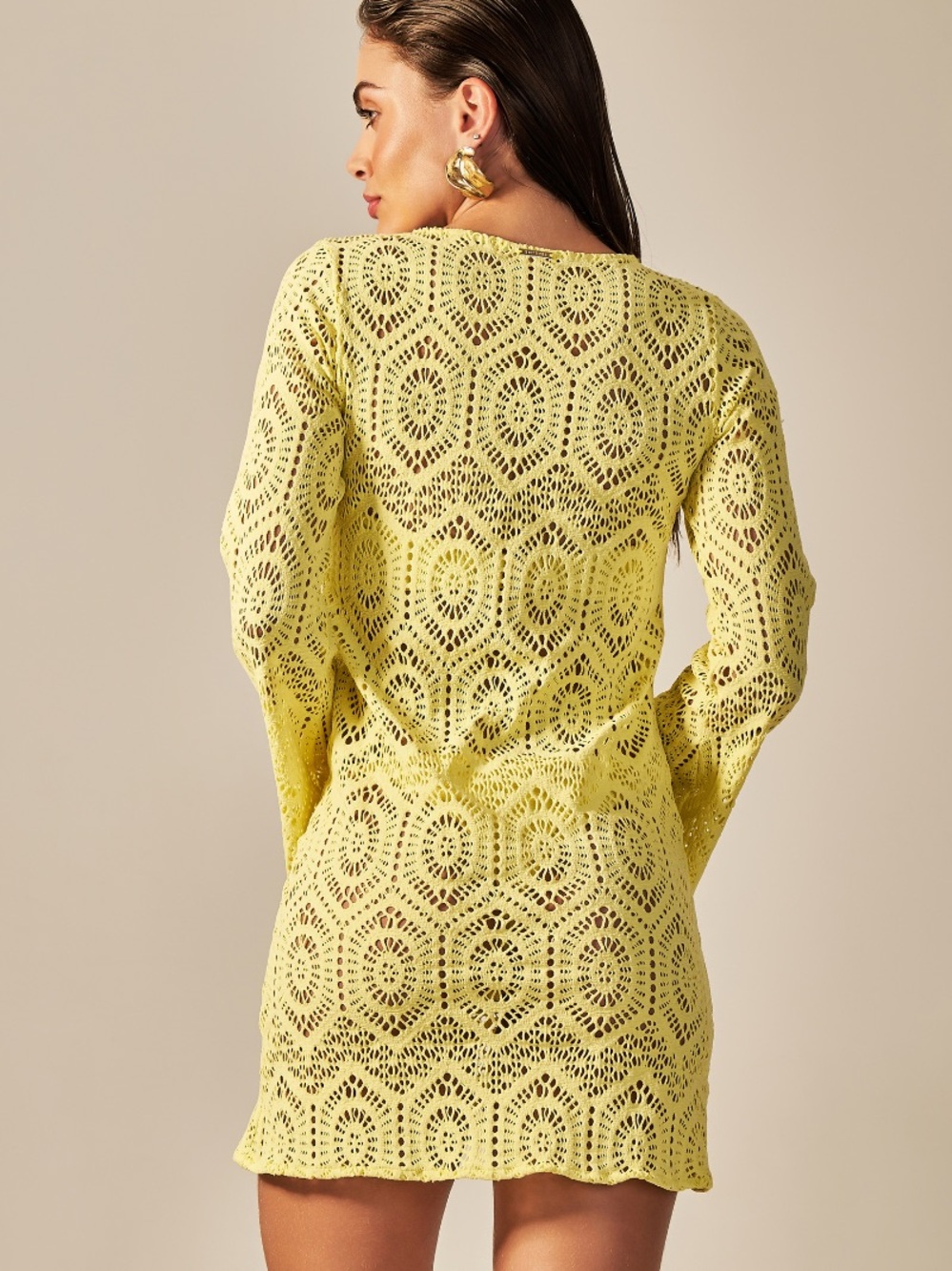 Empress Brasil NWT Short Sixty Yellow Lace Bell Sleeve Ring Cover Up Dress Large - Picture 3 of 12